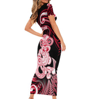 Personalised New Zealand Maori Taniwha Short Sleeve Bodycon Dress Silver Fern Red Version LT05 - Polynesian Pride