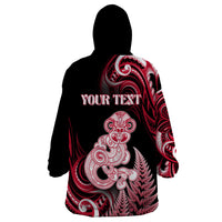 Personalised New Zealand Maori Taniwha Wearable Blanket Hoodie Silver Fern Red Version LT05 - Polynesian Pride