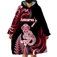 Personalised New Zealand Maori Taniwha Wearable Blanket Hoodie Silver Fern Red Version LT05 - Polynesian Pride