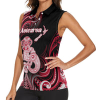 Personalised New Zealand Maori Taniwha Women Sleeveless Polo Shirt Silver Fern Red Version LT05 - Polynesian Pride