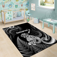 New Zealand Maori Taniwha Area Rug Silver Fern Black Version