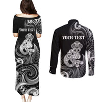 Personalised New Zealand Maori Taniwha Couples Matching Puletasi and Long Sleeve Button Shirt Silver Fern Black Version LT05 - Polynesian Pride