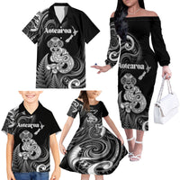 Personalised New Zealand Maori Taniwha Family Matching Off The Shoulder Long Sleeve Dress and Hawaiian Shirt Silver Fern Black Version LT05 - Polynesian Pride