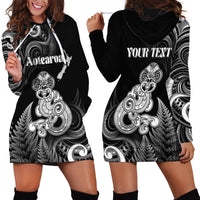 Personalised New Zealand Maori Taniwha Hoodie Dress Silver Fern Black Version LT05 - Polynesian Pride