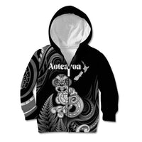 Personalised New Zealand Maori Taniwha Kid Hoodie Silver Fern Black Version LT05 Zip Hoodie Black - Polynesian Pride