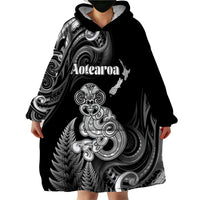 Personalised New Zealand Maori Taniwha Wearable Blanket Hoodie Silver Fern Black Version LT05 - Polynesian Pride