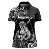 Personalised New Zealand Maori Taniwha Women Polo Shirt Silver Fern Black Version LT05 Female Black - Polynesian Pride
