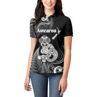 Personalised New Zealand Maori Taniwha Women Polo Shirt Silver Fern Black Version LT05 - Polynesian Pride