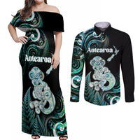 Personalised New Zealand Maori Taniwha Couples Matching Off Shoulder Maxi Dress and Long Sleeve Button Shirt Silver Fern Paua Shell Version LT05 Turquoise - Polynesian Pride