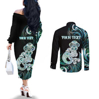 Personalised New Zealand Maori Taniwha Couples Matching Off The Shoulder Long Sleeve Dress and Long Sleeve Button Shirt Silver Fern Paua Shell Version LT05 - Polynesian Pride