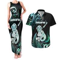 Personalised New Zealand Maori Taniwha Couples Matching Tank Maxi Dress and Hawaiian Shirt Silver Fern Paua Shell Version LT05 Turquoise - Polynesian Pride