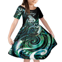 Personalised New Zealand Maori Taniwha Family Matching Long Sleeve Bodycon Dress and Hawaiian Shirt Silver Fern Paua Shell Version LT05 Daughter's Dress Turquoise - Polynesian Pride