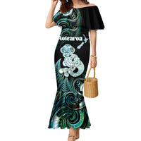 Personalised New Zealand Maori Taniwha Family Matching Mermaid Dress and Hawaiian Shirt Silver Fern Paua Shell Version LT05 Mom's Dress Turquoise - Polynesian Pride