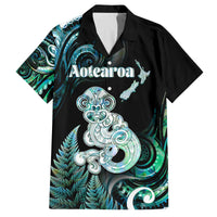 Personalised New Zealand Maori Taniwha Family Matching Off Shoulder Short Dress and Hawaiian Shirt Silver Fern Paua Shell Version LT05 Dad's Shirt - Short Sleeve Turquoise - Polynesian Pride