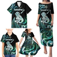Personalised New Zealand Maori Taniwha Family Matching Puletasi and Hawaiian Shirt Silver Fern Paua Shell Version LT05 - Polynesian Pride