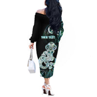 Personalised New Zealand Maori Taniwha Off The Shoulder Long Sleeve Dress Silver Fern Paua Shell Version LT05 - Polynesian Pride