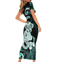 Personalised New Zealand Maori Taniwha Short Sleeve Bodycon Dress Silver Fern Paua Shell Version LT05 - Polynesian Pride