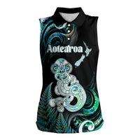 Personalised New Zealand Maori Taniwha Women Sleeveless Polo Shirt Silver Fern Paua Shell Version LT05 Female Turquoise - Polynesian Pride