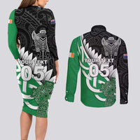 New Zealand And Ireland Rugby Custom Couples Matching Long Sleeve Bodycon Dress and Long Sleeve Button Shirt Silver Fern With Celtic Cross LT05 - Polynesian Pride