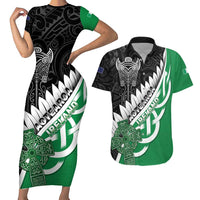 New Zealand And Ireland Rugby Custom Couples Matching Short Sleeve Bodycon Dress and Hawaiian Shirt Silver Fern With Celtic Cross LT05 Green - Polynesian Pride