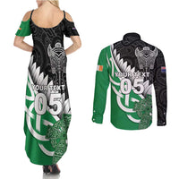New Zealand And Ireland Rugby Custom Couples Matching Summer Maxi Dress and Long Sleeve Button Shirt Silver Fern With Celtic Cross LT05 - Polynesian Pride