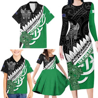 New Zealand And Ireland Rugby Custom Family Matching Long Sleeve Bodycon Dress and Hawaiian Shirt Silver Fern With Celtic Cross LT05 - Polynesian Pride