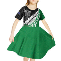 New Zealand And Ireland Rugby Custom Kid Short Sleeve Dress Silver Fern With Celtic Cross LT05 - Polynesian Pride