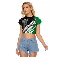 New Zealand And Ireland Rugby Custom Raglan Cropped T Shirt Silver Fern With Celtic Cross LT05 Female Green - Polynesian Pride