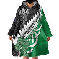 New Zealand And Ireland Rugby Custom Wearable Blanket Hoodie Silver Fern With Celtic Cross LT05 - Polynesian Pride