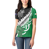 New Zealand And Ireland Rugby Custom Women Polo Shirt Silver Fern With Celtic Cross LT05 - Polynesian Pride