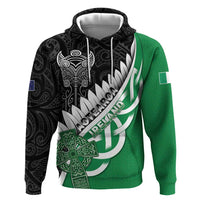 New Zealand And Ireland Rugby Custom Zip Hoodie Silver Fern With Celtic Cross LT05 Pullover Hoodie Green - Polynesian Pride
