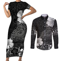 Hawaii Hibiscus With Black Polynesian Pattern Couples Matching Short Sleeve Bodycon Dress and Long Sleeve Button Shirt
