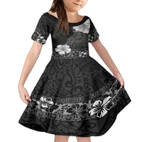 Hawaii Hibiscus With Black Polynesian Pattern Family Matching Off The Shoulder Long Sleeve Dress and Hawaiian Shirt LT05 Daughter's Dress Black - Polynesian Pride