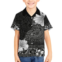 Hawaii Hibiscus With Black Polynesian Pattern Family Matching Off Shoulder Maxi Dress and Hawaiian Shirt