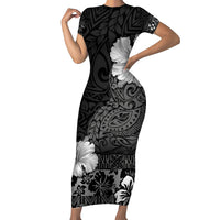 Hawaii Hibiscus With Black Polynesian Pattern Family Matching Short Sleeve Bodycon Dress and Hawaiian Shirt LT05 Mom's Dress Black - Polynesian Pride