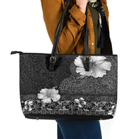 Hawaii Hibiscus With Black Polynesian Pattern Leather Tote Bag