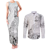 Hawaii Hibiscus With White Polynesian Pattern Couples Matching Tank Maxi Dress and Long Sleeve Button Shirt