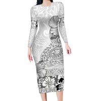Hawaii Hibiscus With White Polynesian Pattern Family Matching Long Sleeve Bodycon Dress and Hawaiian Shirt LT05 Mom's Dress White - Polynesian Pride
