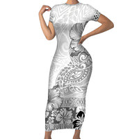 Hawaii Hibiscus With White Polynesian Pattern Family Matching Short Sleeve Bodycon Dress and Hawaiian Shirt LT05 Mom's Dress White - Polynesian Pride
