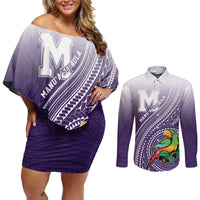 Personalized Manua High School Couples Matching Off Shoulder Short Dress and Long Sleeve Button Shirt Polynesian Tribal Pattern