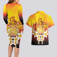 Tahiti Heiva Festival Couples Matching Long Sleeve Bodycon Dress and Hawaiian Shirt Tahitian Vahine Plumeria Flowers LT05 - Polynesian Pride