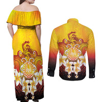 Tahiti Heiva Festival Couples Matching Off Shoulder Maxi Dress and Long Sleeve Button Shirt Tahitian Vahine Plumeria Flowers LT05 - Polynesian Pride