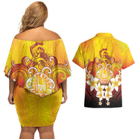 Tahiti Heiva Festival Couples Matching Off Shoulder Short Dress and Hawaiian Shirt Tahitian Vahine Plumeria Flowers LT05 - Polynesian Pride