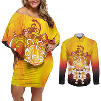 Tahiti Heiva Festival Couples Matching Off Shoulder Short Dress and Long Sleeve Button Shirt Tahitian Vahine Plumeria Flowers LT05 Yellow - Polynesian Pride