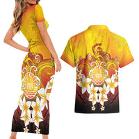 Tahiti Heiva Festival Couples Matching Short Sleeve Bodycon Dress and Hawaiian Shirt Tahitian Vahine Plumeria Flowers LT05 - Polynesian Pride