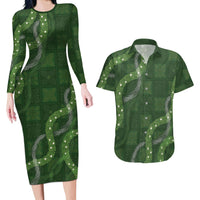 Hawaiian Quilt Couples Matching Long Sleeve Bodycon Dress and Hawaiian Shirt Pele Hair Hinahina Lei Green Version LT05 Green - Polynesian Pride
