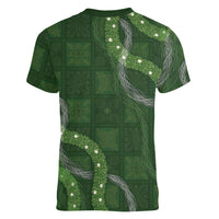 Hawaiian Quilt Women V-Neck T-Shirt Pele Hair Hinahina Lei Green Version LT05 - Polynesian Pride