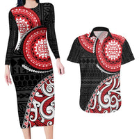 New Zealand Red Maori Koru Simple Style Couples Matching Long Sleeve Bodycon Dress and Hawaiian Shirt LT05 Red - Polynesian Pride