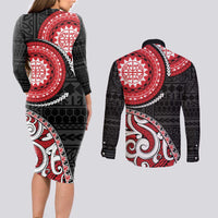 New Zealand Red Maori Koru Simple Style Couples Matching Long Sleeve Bodycon Dress and Long Sleeve Button Shirt LT05 - Polynesian Pride