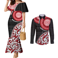 New Zealand Red Maori Koru Simple Style Couples Matching Mermaid Dress and Long Sleeve Button Shirt LT05 Red - Polynesian Pride